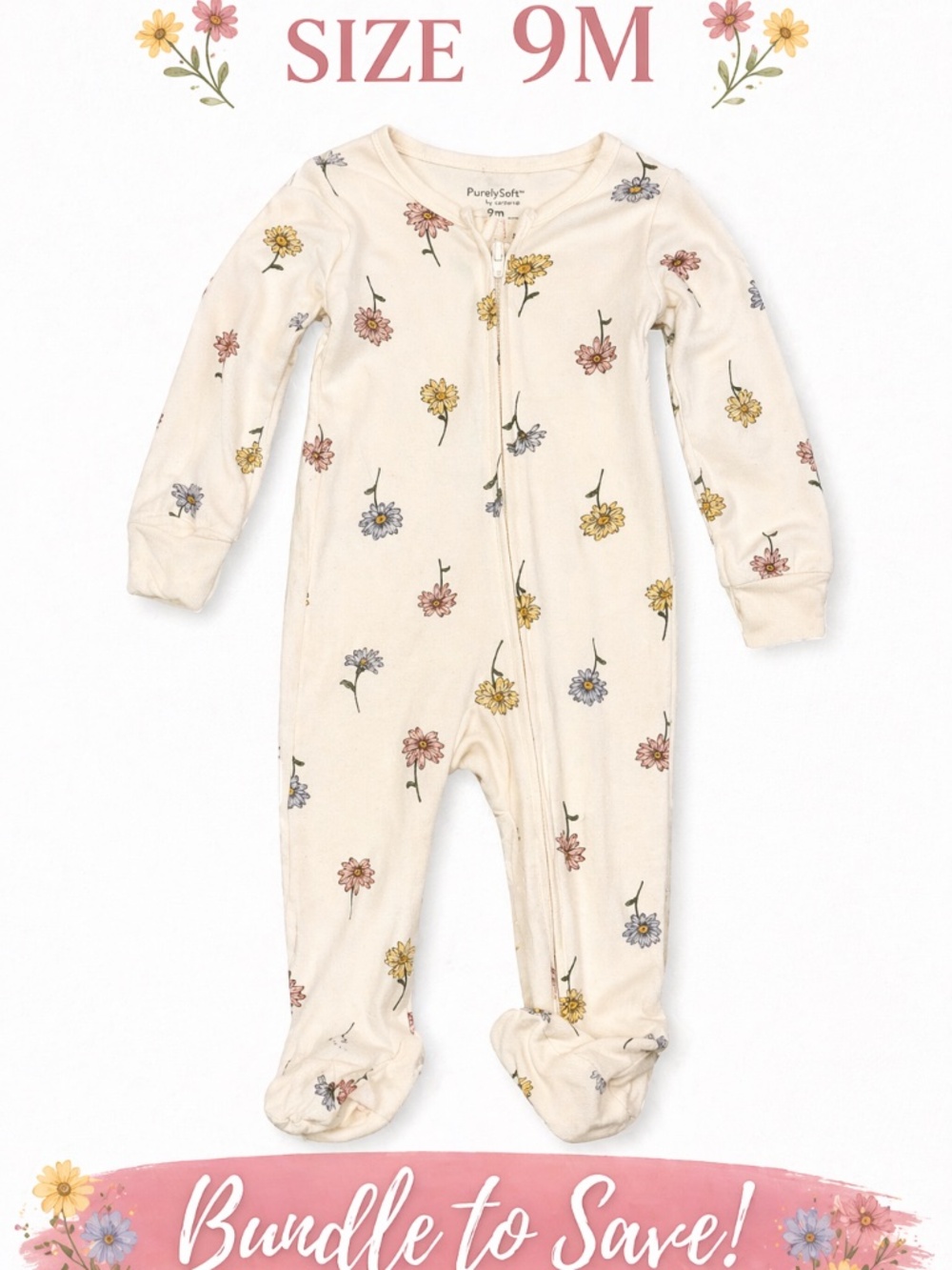 Carter’s PurelySoft Floral Footie Pajamas 9M Zip Up Sleeper